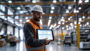 A photograph of a lighting contractor using a high bay lighting layout tool in a spacious industrial setting