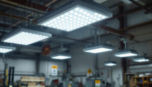 A photograph of a well-designed high bay lighting setup in an industrial or commercial space