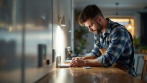 A photograph of a skilled lighting contractor working with leviton products in a well-lit residential or commercial space