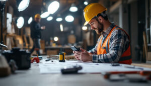 A photograph of a lighting contractor using a commercial lighting calculator on a job site