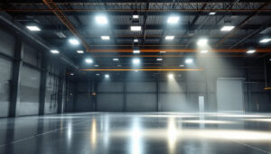 A photograph of a well-lit industrial space showcasing both high bay and low bay lighting fixtures in action