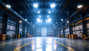 A photograph of a well-lit industrial space showcasing both high bay and low bay led lights in action