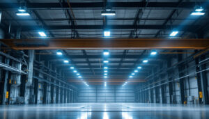 A photograph of a well-lit industrial space showcasing both high bay and low bay lighting fixtures in use