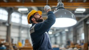 A photograph of a skilled lighting contractor expertly installing or adjusting an industrial light fixture in a large