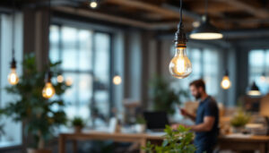 A photograph of a stylish industrial pendant lamp hanging in a well-lit workspace