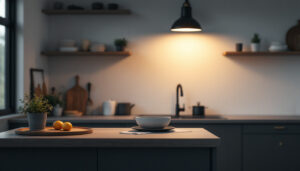 A photograph of a stylish industrial lamp installed in a modern kitchen setting