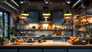 A photograph of a well-lit industrial kitchen showcasing various lighting fixtures