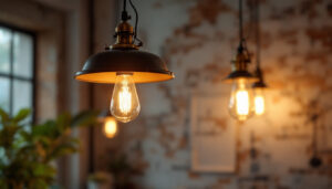 A photograph of a stylish vintage industrial pendant light hanging in a well-designed space