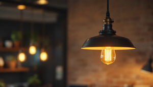 A photograph of a stylish industrial pendant light fixture hanging in a modern workspace