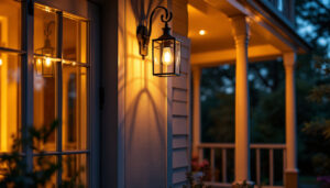 A photograph of a beautifully illuminated porch featuring a stylish light fixture