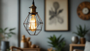 A photograph of an industrial-style light fixture in a stylish interior setting