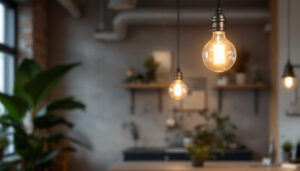 A photograph of a sleek stainless steel industrial pendant light elegantly hanging in a modern workspace