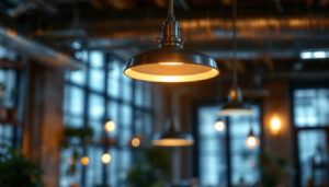 A photograph of a well-designed industrial ceiling light fixture in a commercial setting