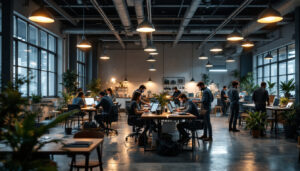 A photograph of a well-designed industrial workspace featuring modern lighting solutions that enhance the ambiance and functionality