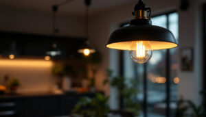 A photograph of a stylish black industrial pendant light hanging in a modern