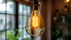 A photograph of a beautifully styled vintage industrial hanging light fixture in an elegant setting