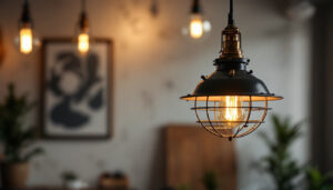 A photograph of a stylish industrial-style pendant lamp hanging in a modern interior setting