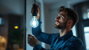 A photograph of a skilled lighting contractor installing or adjusting a modern light bulb in a stylish residential or commercial setting