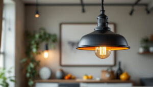 A photograph of a stylish modern industrial pendant light hanging in a well-designed interior space