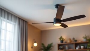 A photograph of a stylish ceiling fan installed in a modern living space