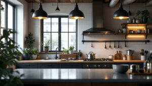 A photograph of a modern industrial kitchen featuring stylish light fixtures that highlight the workspace