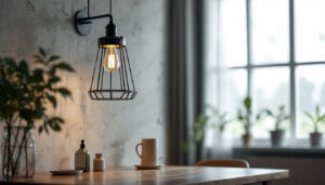 A photograph of a stylish industrial-looking light fixture in a modern interior setting