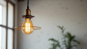 A photograph of a stylish industrial-style pendant light fixture hanging in a modern interior setting