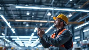 A photograph of a lighting contractor inspecting a well-lit industrial space with led linear high bay lights