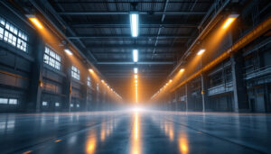 A photograph of a well-lit industrial space featuring a linear high bay lighting installation