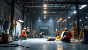 A photograph of a well-lit industrial space showcasing 2x4 high bay led lights in action