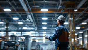 A photograph of a well-lit industrial space showcasing metal halide high bay light fixtures in action