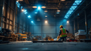 A photograph of a well-lit industrial space showcasing high bay metal halide lights in action