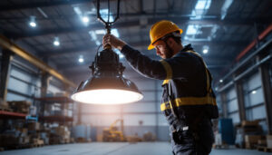 A photograph of a lighting contractor installing a 100 watt led high bay light in a spacious industrial setting