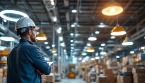 A photograph of a well-organized warehouse interior showcasing various types of lighting fixtures