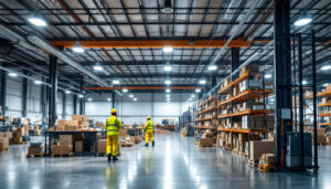 A photograph of a well-lit warehouse interior showcasing various lighting solutions