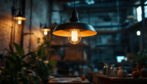 A photograph of a stylish warehouse hanging light fixture in an industrial setting