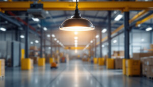 A photograph of a well-lit warehouse interior featuring a stylish warehouse pendant light