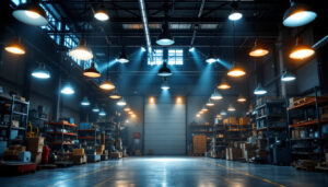 A photograph of a well-lit warehouse interior showcasing various types of industrial lamps in use