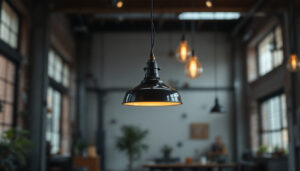 A photograph of a stylish warehouse pendant lamp hanging in a well-lit