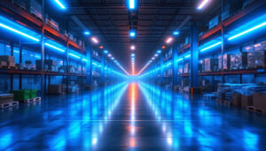 A photograph of a brightly lit warehouse interior featuring led strip lights installed along the aisles and shelves