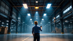 A photograph of a well-lit warehouse interior showcasing various ceiling lighting options