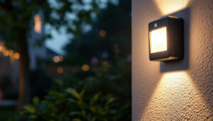 A photograph of a motion sensor light installed in a residential or commercial setting