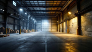 A photograph of a well-lit warehouse interior showcasing different lighting designs and fixtures in action