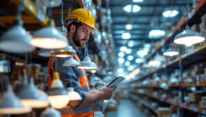 A photograph of a lighting contractor examining a variety of wholesale lighting fixtures in a well-lit warehouse