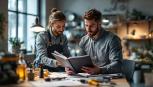 A photograph of a lighting contractor reviewing a catalog of wholesale lighting products in a well-lit workspace