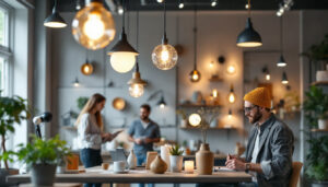 A photograph of a modern lighting showroom featuring a diverse range of stylish fixtures