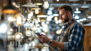 A photograph of a lighting contractor examining various wholesale lighting fixtures in a well-lit showroom