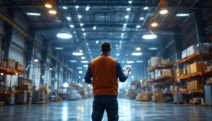 A photograph of a well-lit warehouse interior showcasing various lighting fixtures and installations