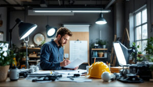 A photograph of a well-organized workspace featuring a variety of bulk light fixtures