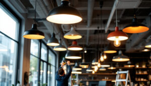 A photograph of a well-lit commercial space featuring various styles of hanging led lights